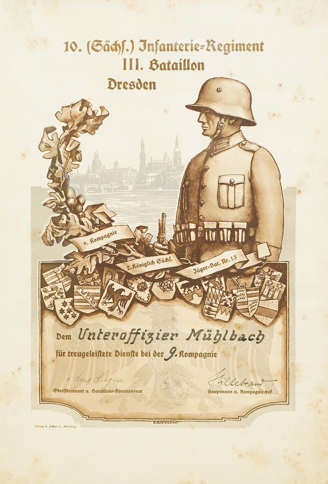 A framed WWI German Service Certificate awarded to Unteroffizier Mullback, 51.5x38.5cm including the frame